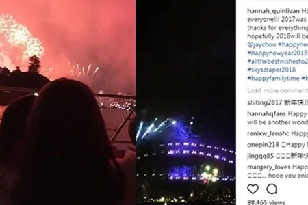 昆凌晒旅游回眸照杰伦出镜 一家四口在游艇上看烟火超甜蜜