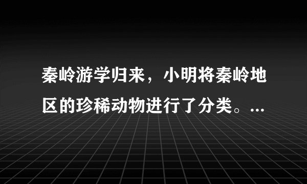 秦岭游学归来，小明将秦岭地区的珍稀动物进行了分类。将细鳞鲑、秦岭雨蛙、大鲵分一类，朱鹮、金雕、红腹锦鸡、大熊猫、羚牛、金丝猴分一类。他分类的依据是（　　）A.有无脊柱B.生殖方式是否相同C.体温是否恒定D.呼吸方式是否相同