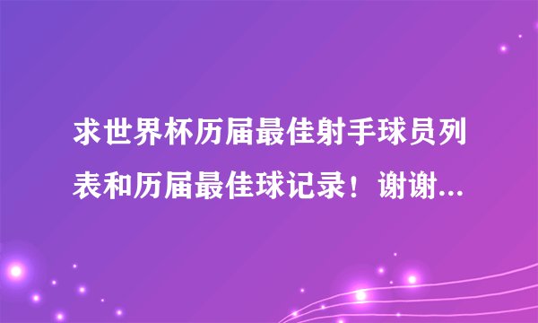求世界杯历届最佳射手球员列表和历届最佳球记录！谢谢！！！！