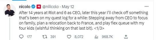 拳头CEO宣布辞职并任命新CEO：要回老家打灵活组排