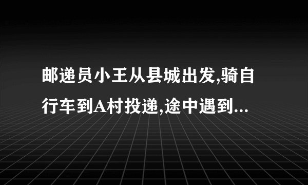 邮递员小王从县城出发,骑自行车到A村投递,途中遇到县城中学的学生李明从A村步行返校。小王在A村完成投递工作后,返回县城途中又遇到李明,便用自行车载上李明,一起到达县城,结果小王比预计时间晚到1分钟。二人与县城间的距离s(千米)和小王从县城出发后所用的时间t(分)之间的函数关系如图，假设二人之间交流的时间忽略不计。个5/千米6|1.0|20306080{分(1)小王和李明第一次相遇时，距县城多少千米?请直接写出答案。(2)求小王从县城出发到返回县城所用的时间。(3)李明从A村到县城共用多少时间?